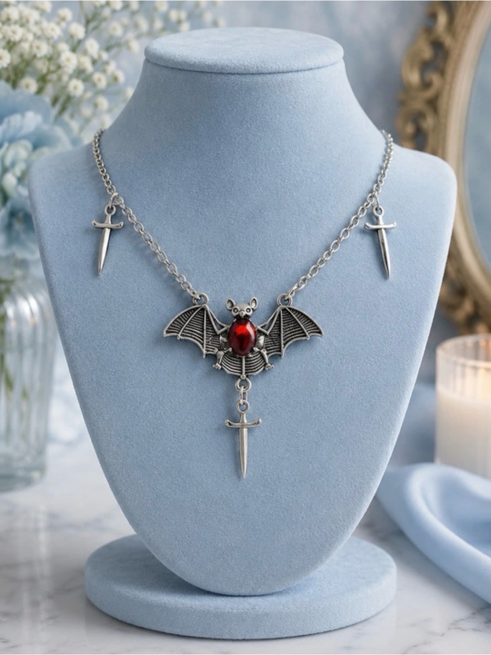 Hot Topic Silver Bat Necklace with Red Stone and Dagger Charms